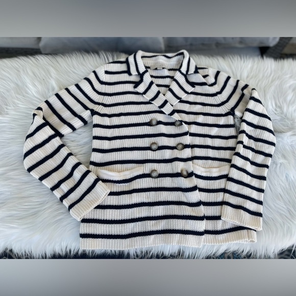 LOFT Striped Double-Breasted Ribbed Knit Sweater Jacket Size small - Picture 3 of 11